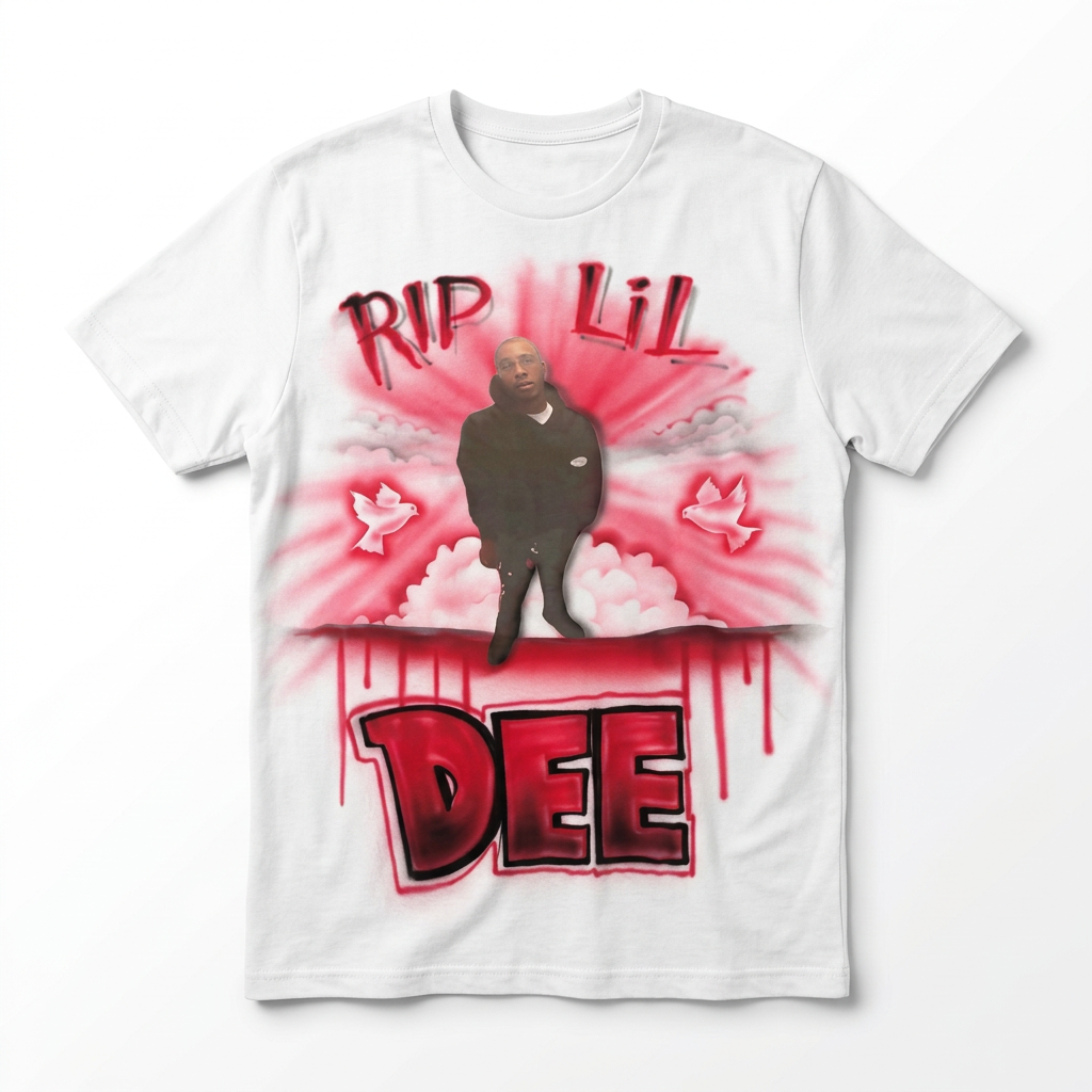 Heirloom RIP Red Clouds & Drip Tribute Tee — custom memorial airbrush tribute shirt design hand-painted from your photo