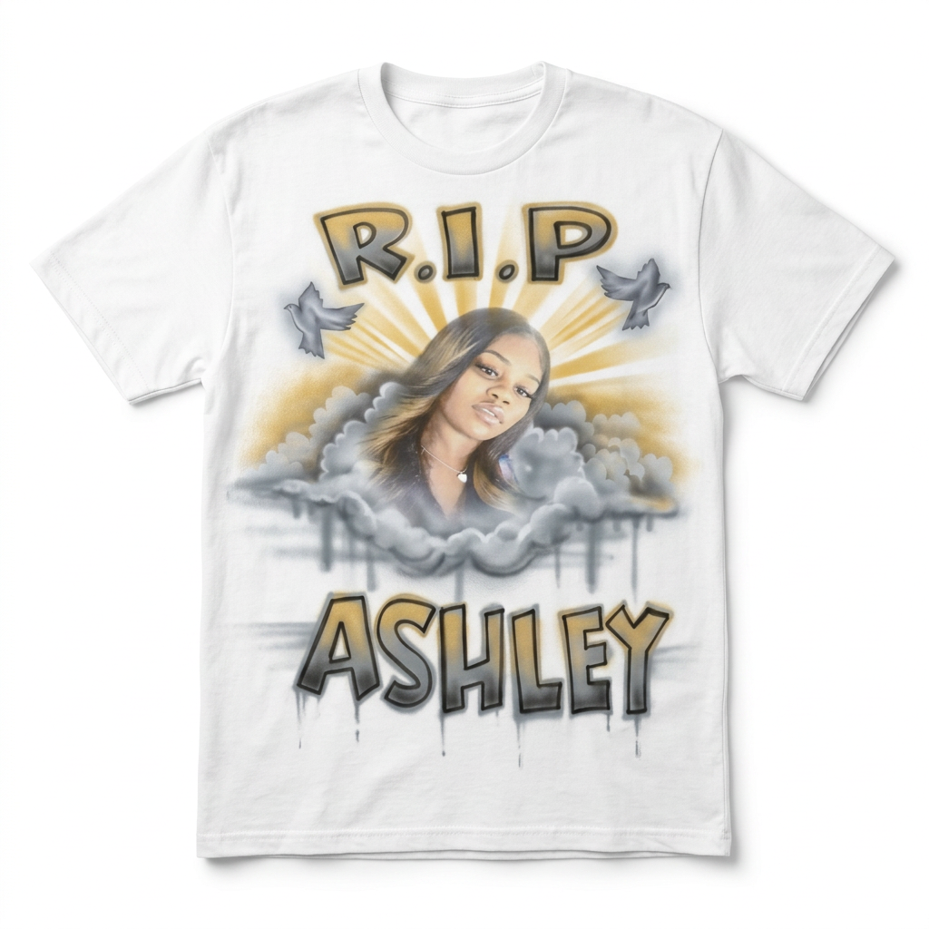 Hand-Painted R.I.P. Gold Sunburst Tribute Tee — custom memorial airbrush tribute shirt design hand-painted from your photo