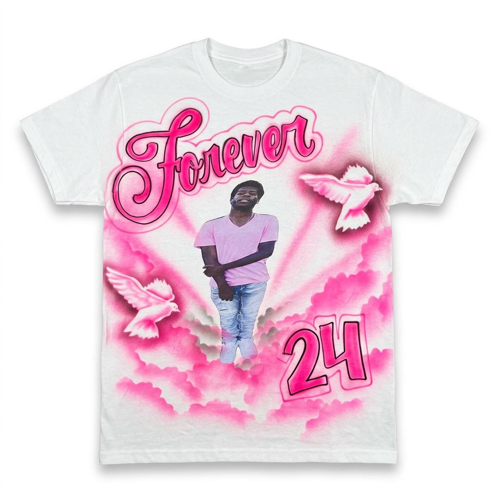 Studio Forever Pink Clouds & Doves Tribute Tee — custom memorial airbrush tribute shirt design hand-painted from your photo
