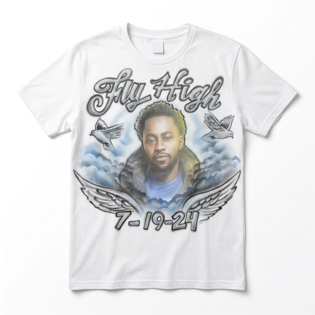 Master-Sprayed Fly High Doves & Clouds Tribute Tee — custom memorial airbrush tribute shirt design hand-painted from your photo