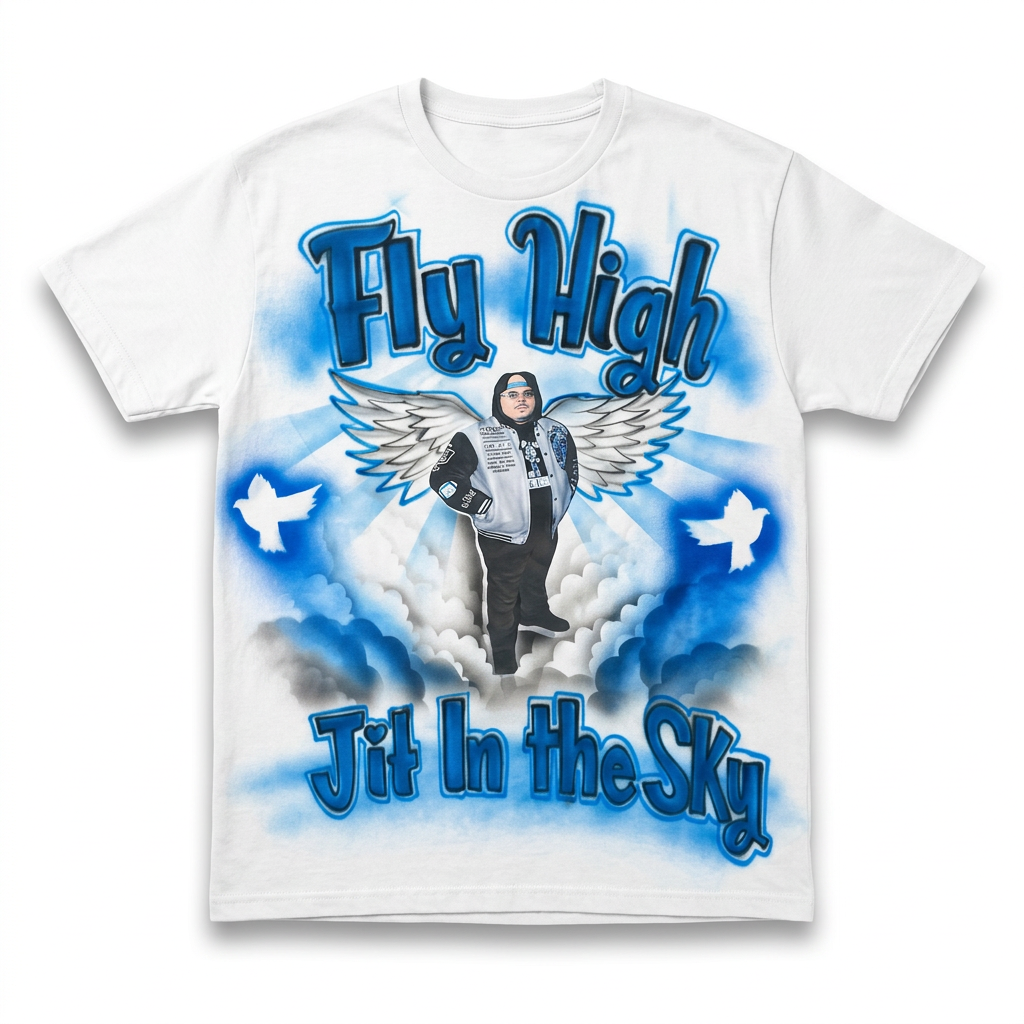 Keepsake Fly High Angel Wings Tribute Tee — custom memorial airbrush tribute shirt design hand-painted from your photo