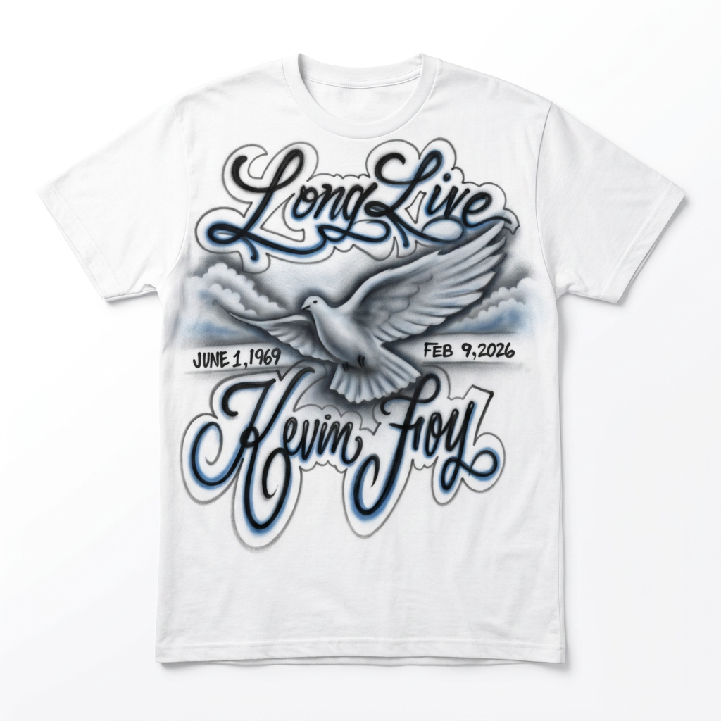 Signature Long Live Dove & Clouds Tribute Tee — custom memorial airbrush tribute shirt design hand-painted from your photo