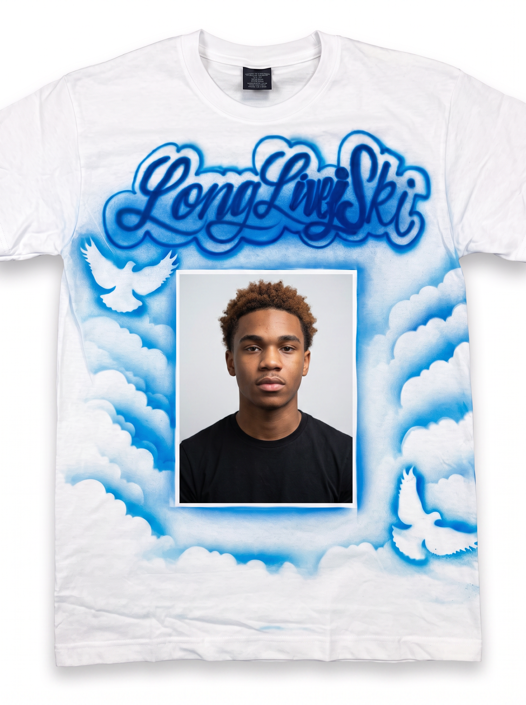 Signature Long Live Skii Heaven Clouds Tribute Tee — custom memorial airbrush tribute shirt design hand-painted from your photo