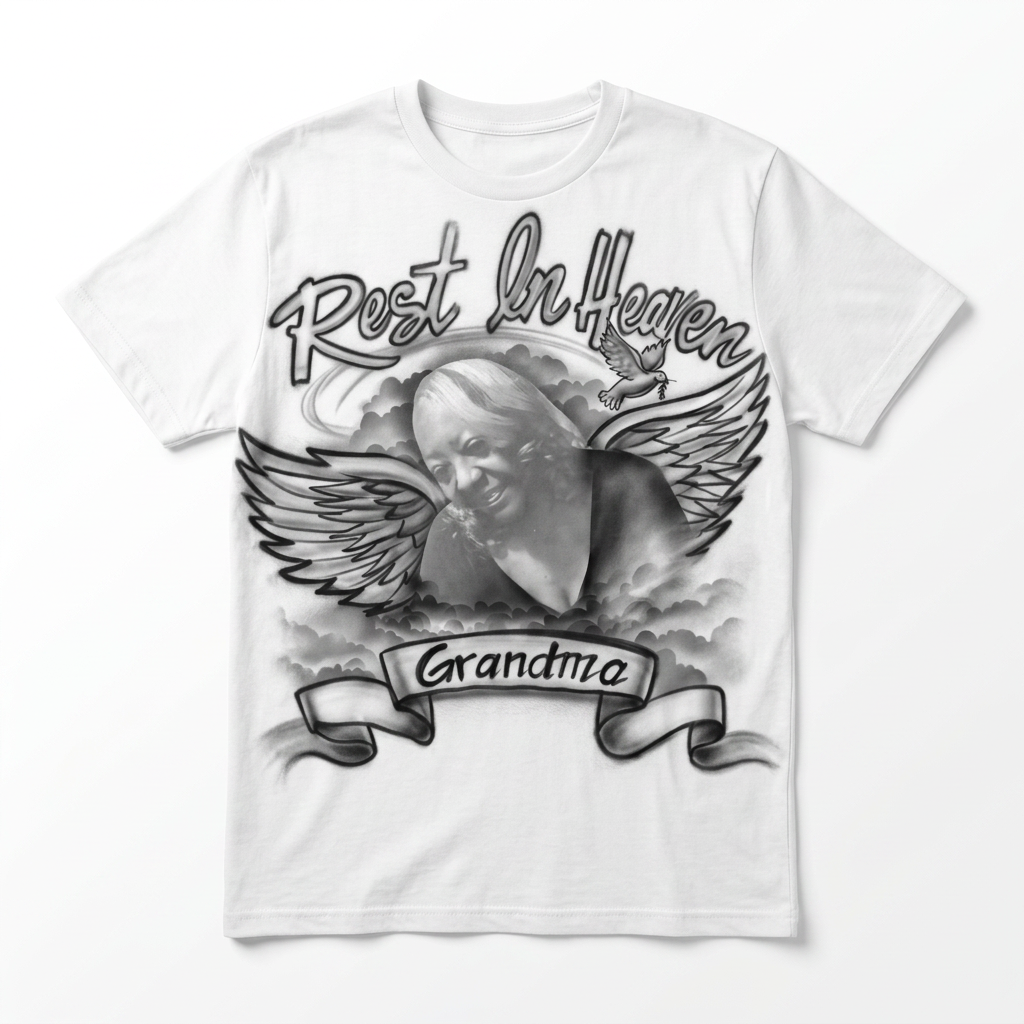 Heirloom Rest In Heaven Grandma Angel Wings Tribute Tee — custom memorial airbrush tribute shirt design hand-painted from your photo