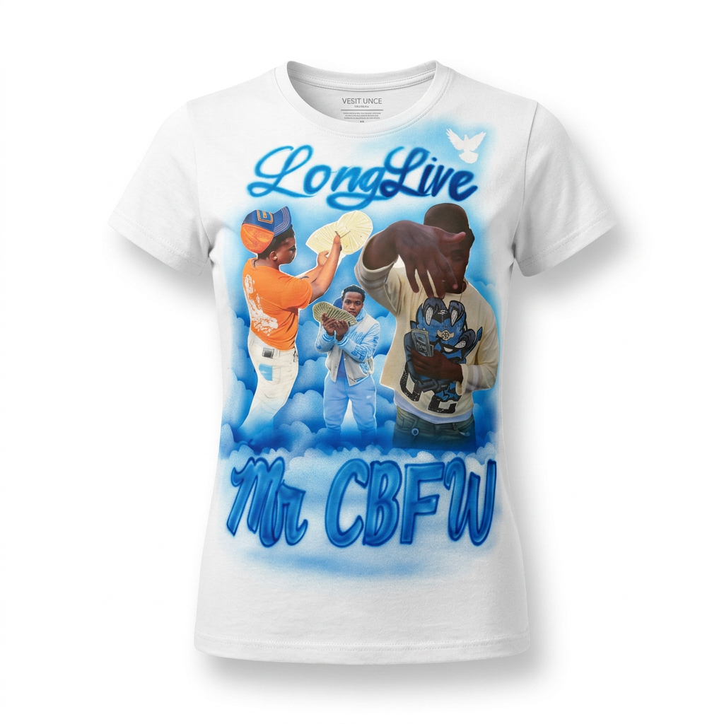 Master-Sprayed Long Live Three-Photo Clouds Tribute Tee — custom memorial airbrush tribute shirt design hand-painted from your photo