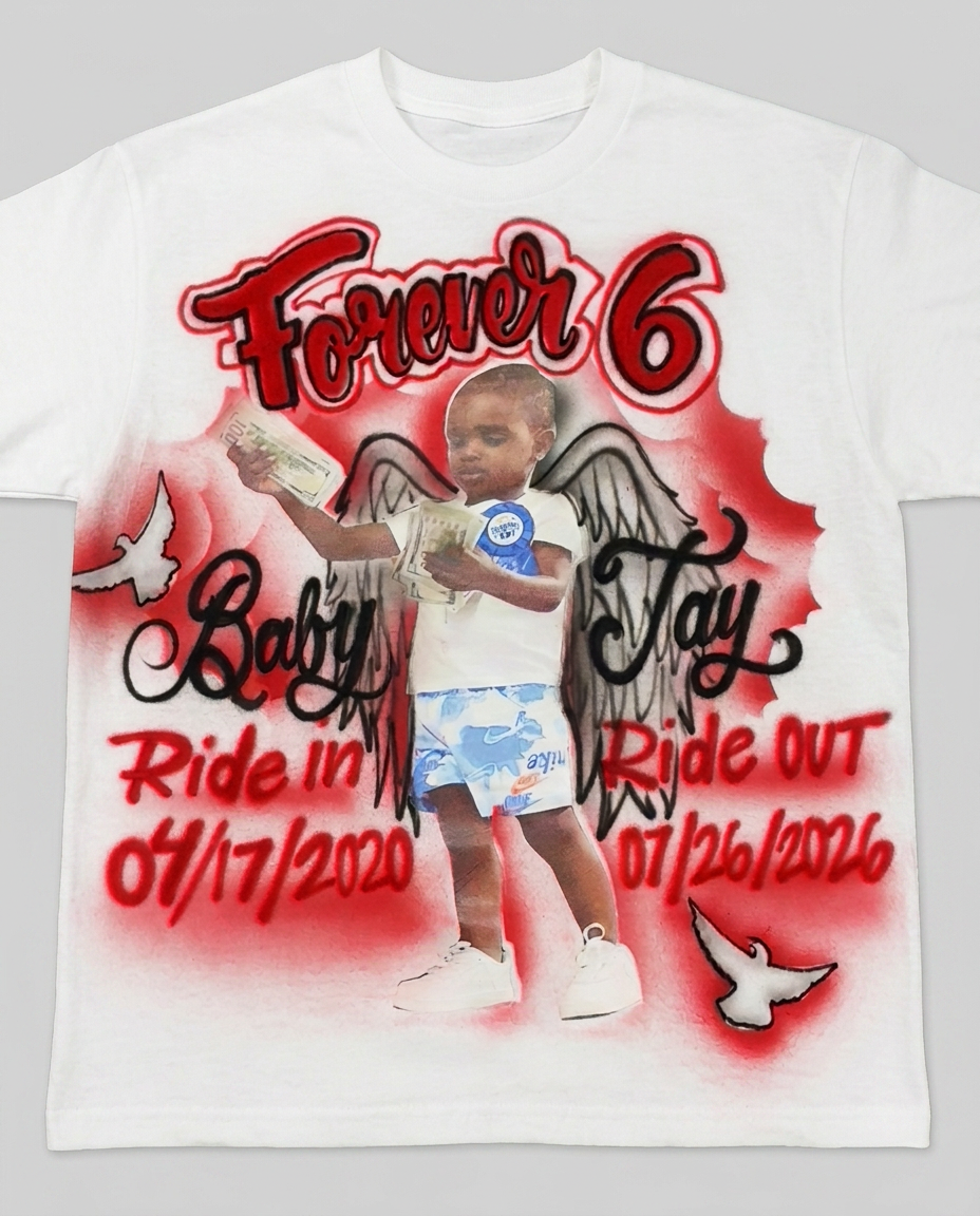 Keepsake Forever Red Clouds Angel Wings Tribute Tee — custom memorial airbrush tribute shirt design hand-painted from your photo