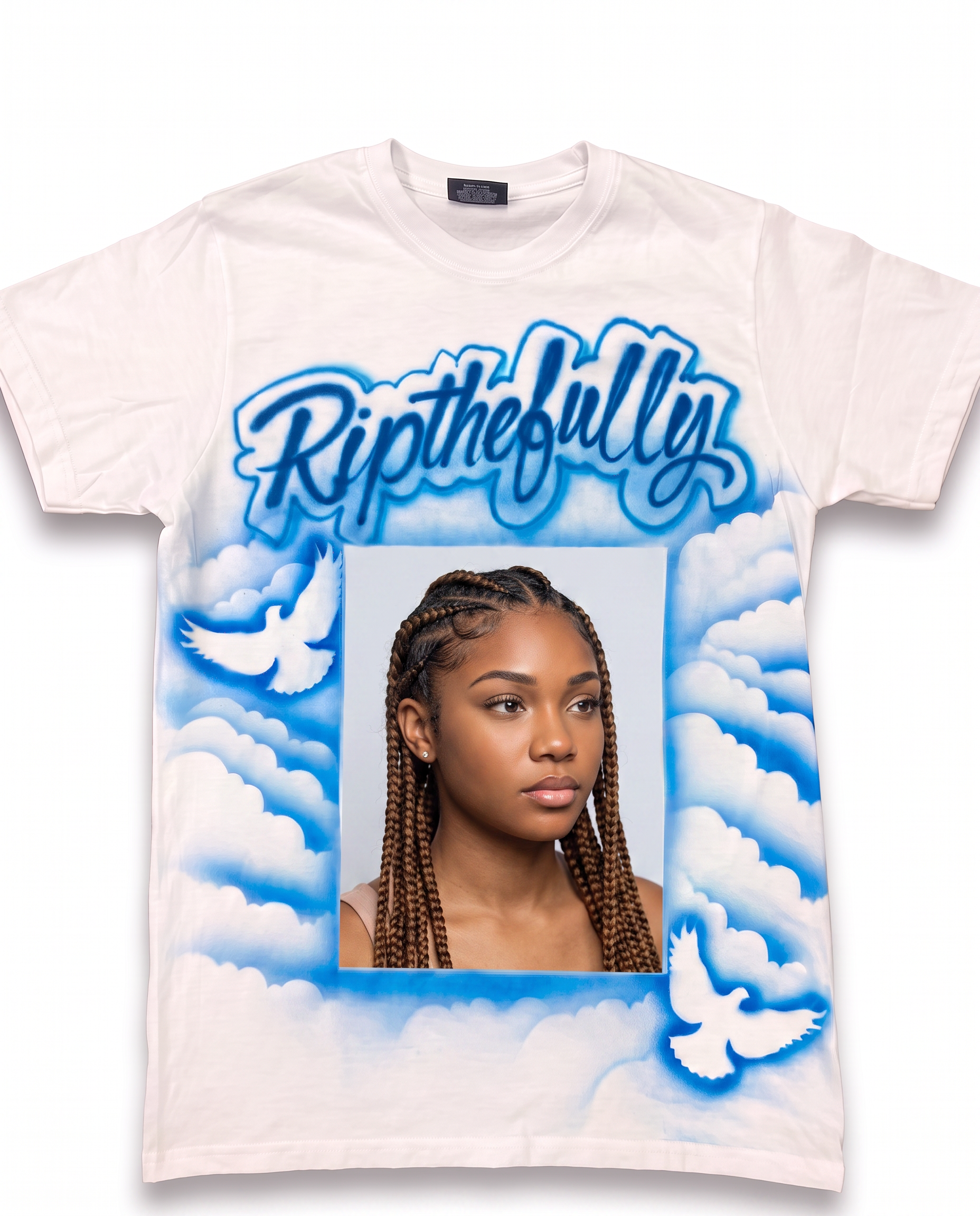 Keepsake Rip Thefullyy Doves & Clouds Tribute Tee — custom memorial airbrush tribute shirt design hand-painted from your photo