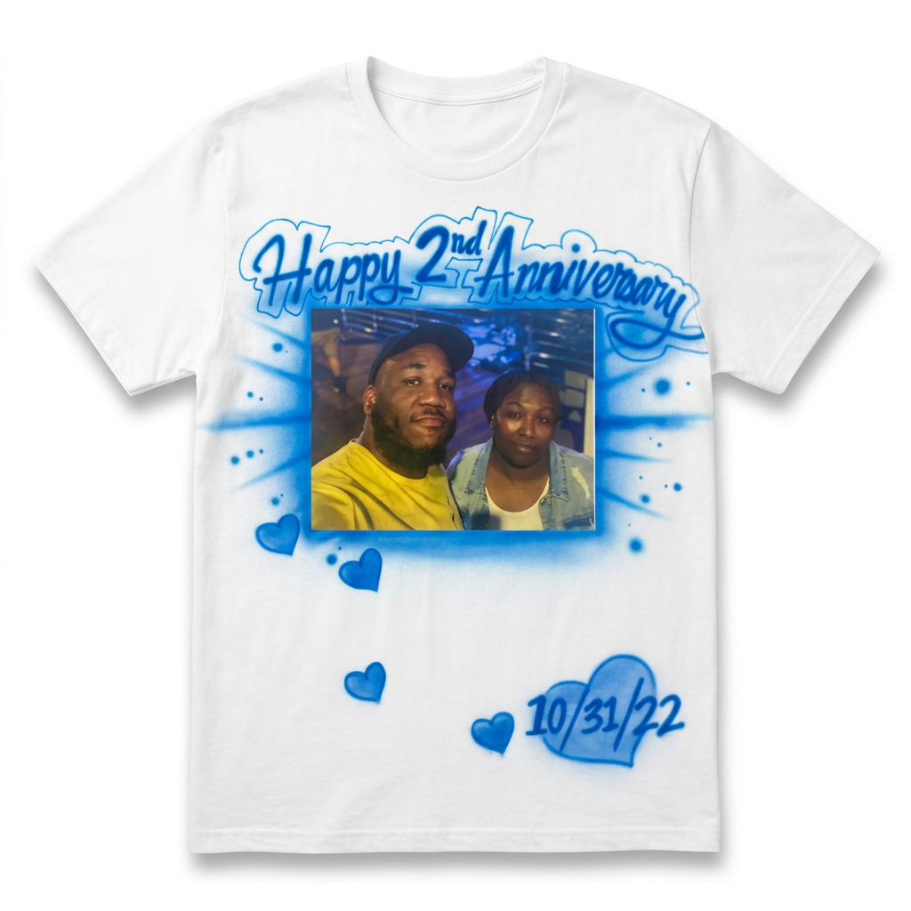 Keepsake Happy Anniversary Blue Hearts Photo Tee — custom memorial airbrush tribute shirt design hand-painted from your photo