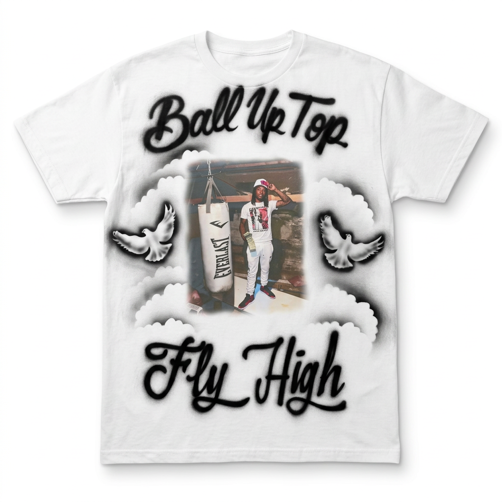 Keepsake Ball Up Top & Fly High Photo Tribute Tee — custom memorial airbrush tribute shirt design hand-painted from your photo