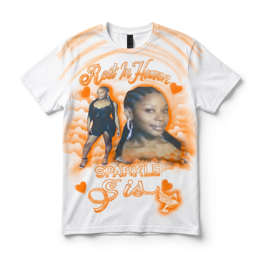 Signature Rest In Heaven Sparkle Sis Tribute Tee — custom memorial airbrush tribute shirt design hand-painted from your photo