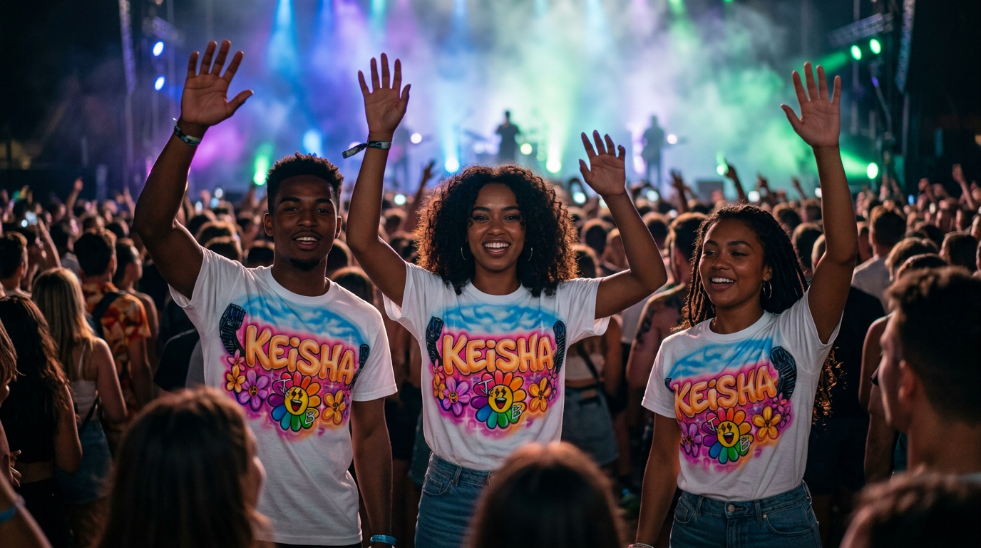 Three friends at a night concert wearing custom airbrushed tour-style shirts
