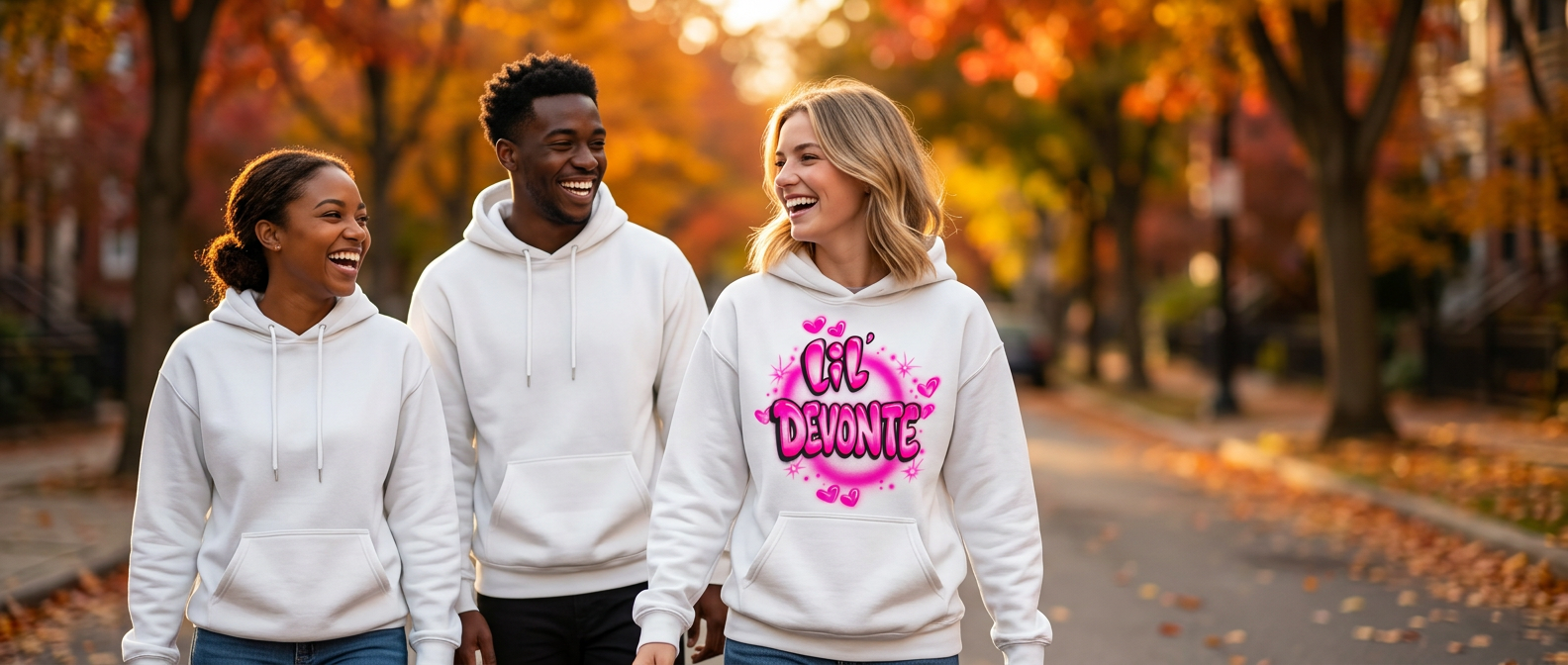 Three college-age friends laughing on an autumn street in white hoodies with custom airbrushed name artwork
