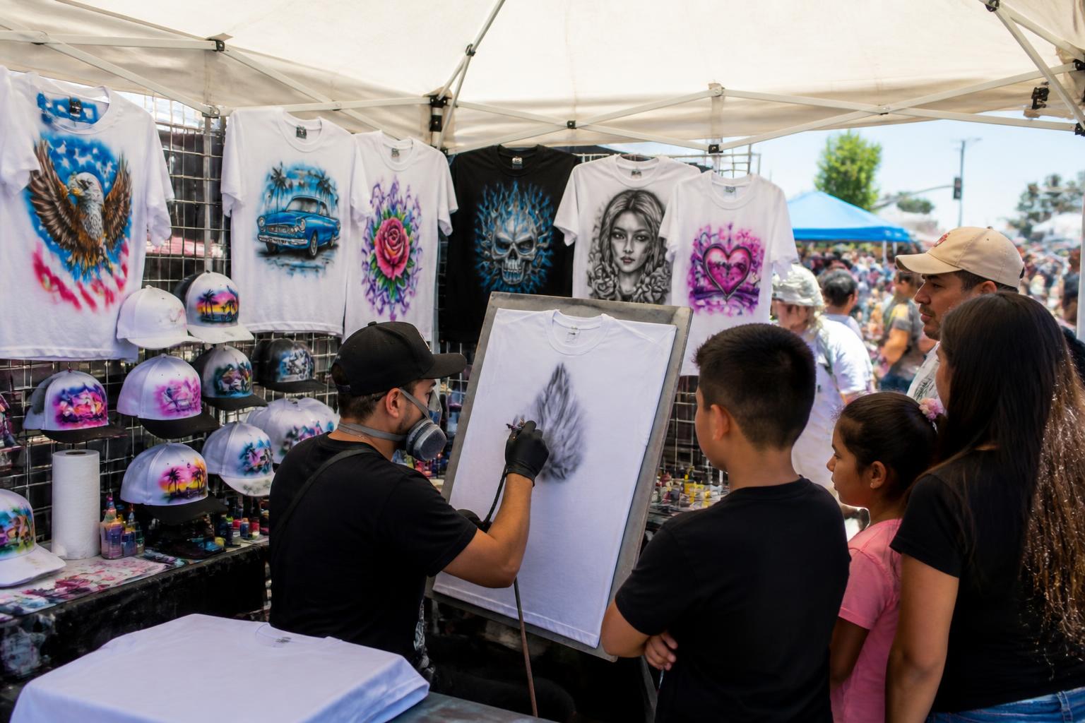 Live airbrushing at an outdoor event booth