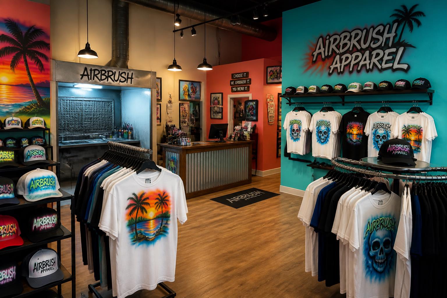 Inside the AirbrushShirt studio, racks of custom airbrushed shirts and hats