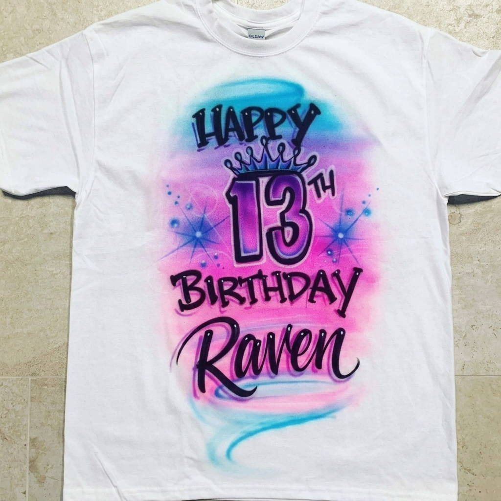 Hand-Scripted Birthday Crown Tee — hand airbrushed custom design