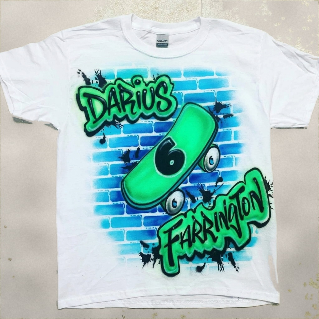 Artisan Boy Birthday Skateboard Tee — hand airbrushed custom design
