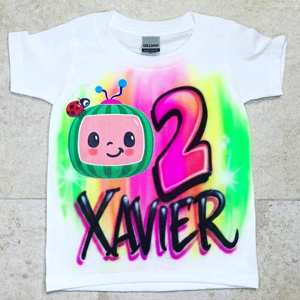 Master-Sprayed Cocomelon Birthday Tee — hand airbrushed custom design