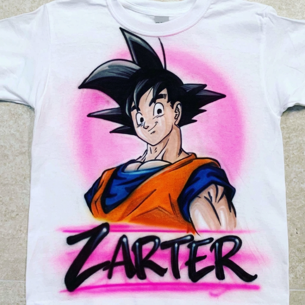 Hand-Scripted Goku Cartoon Tee — custom airbrush spray paint design on shirts, hats, shoes and outfits