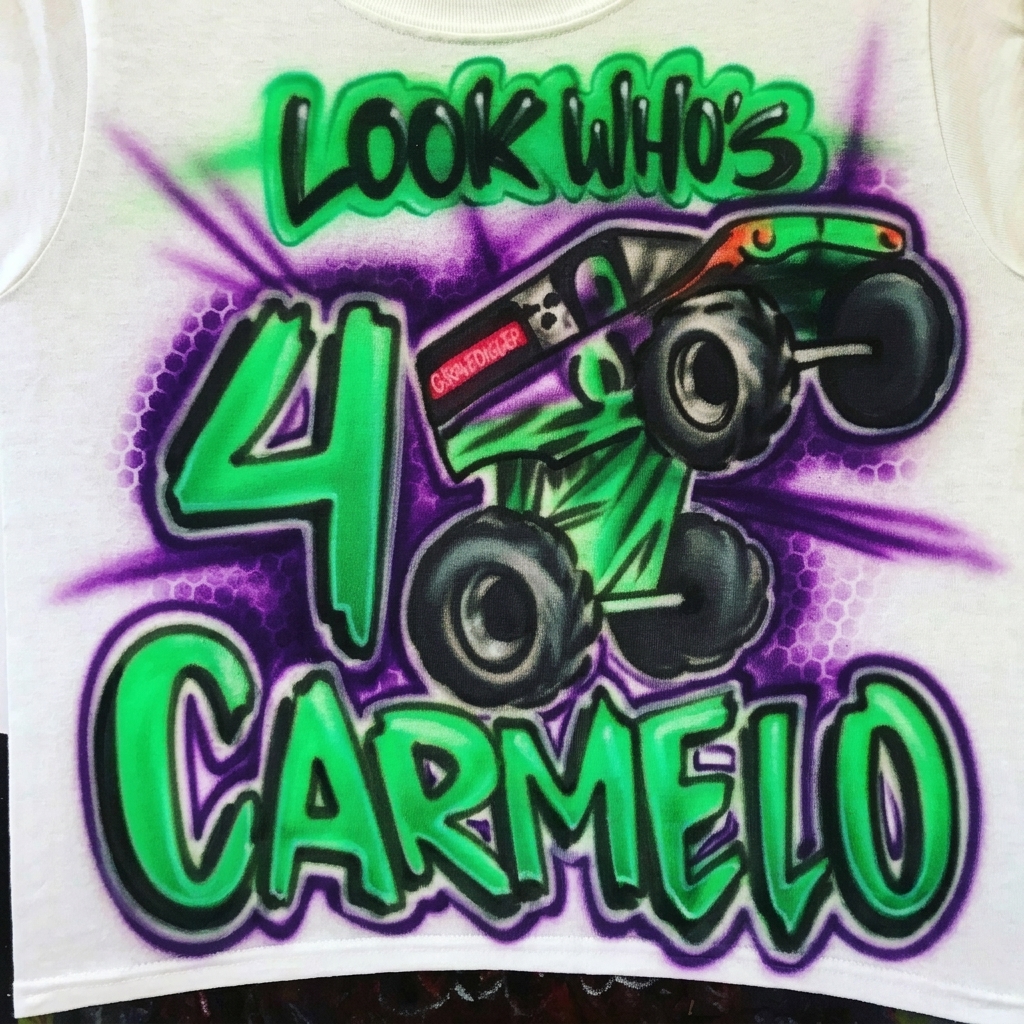 Artisan Grave Digger Monster Truck Block Tee — hand airbrushed custom design