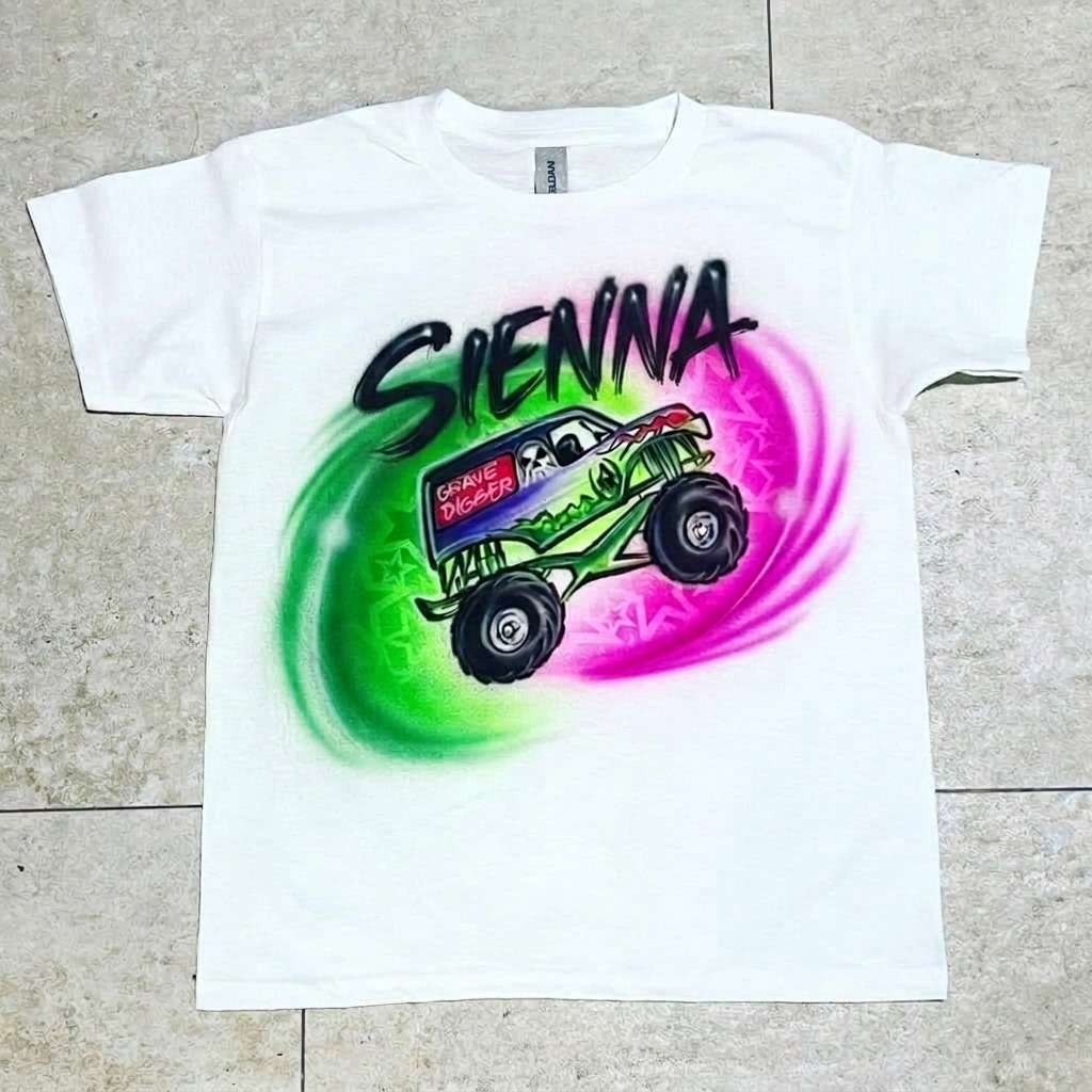 Hand-Scripted Grave Digger Tee — custom airbrush spray paint design on shirts, hats, shoes and outfits