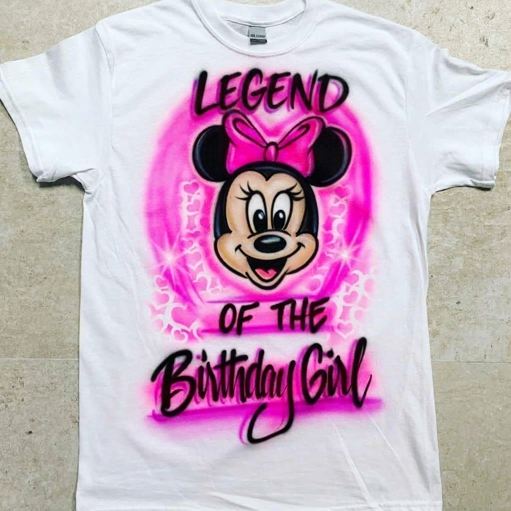 Master-Sprayed Minnie Mouse Tee — custom airbrush spray paint design on shirts, hats, shoes and outfits