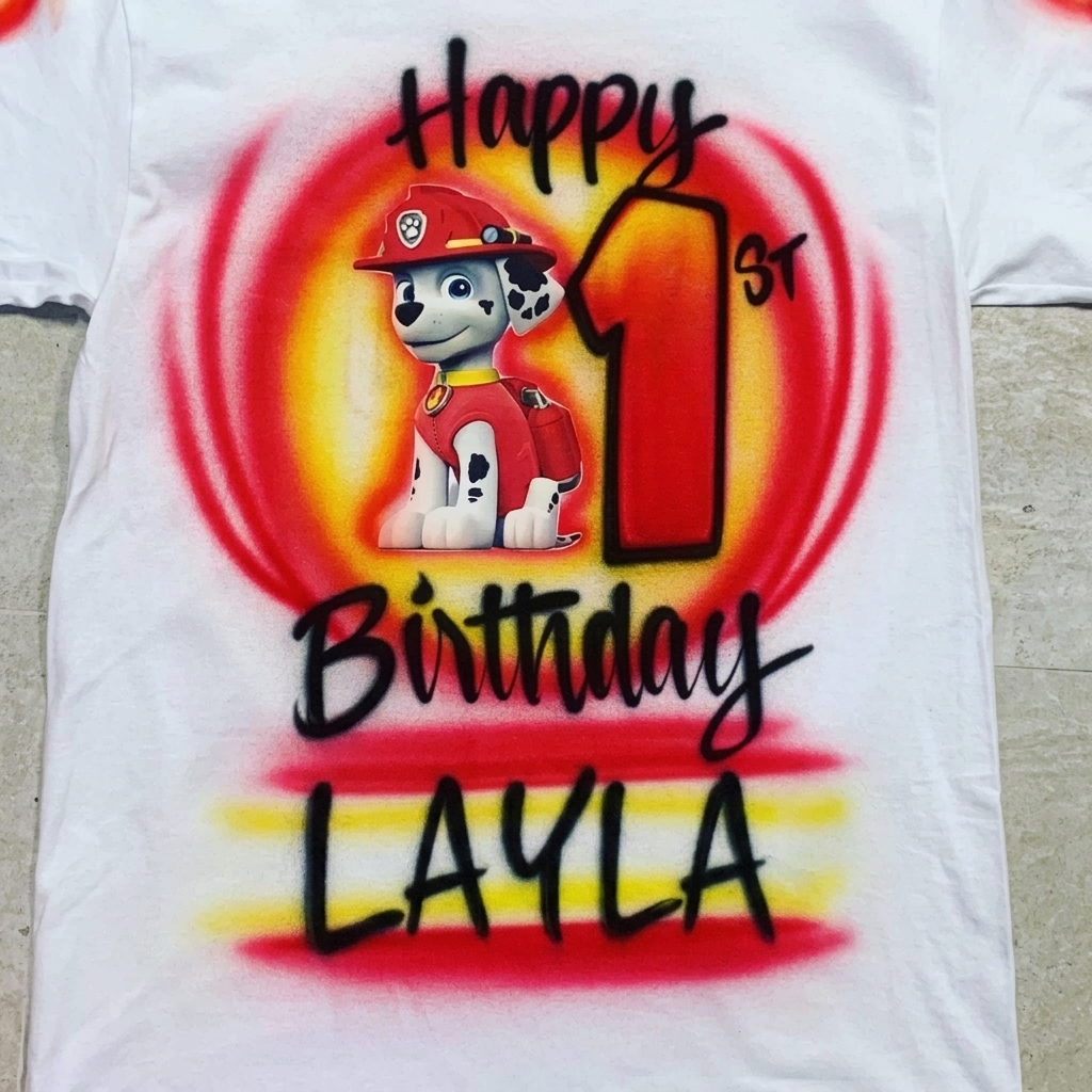 Hand-Scripted Paw Patrol - Marshall Birthday Tee — hand airbrushed custom design
