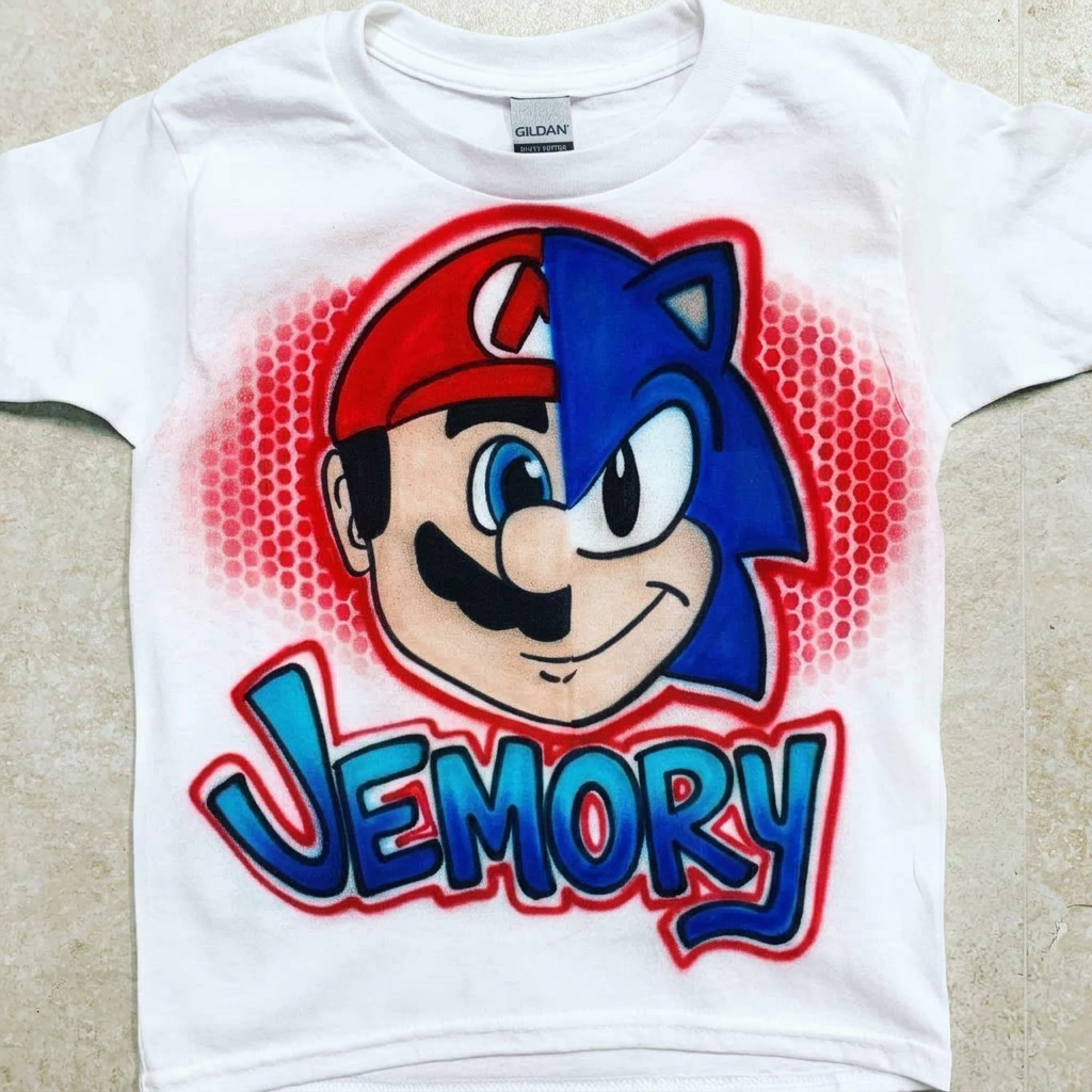 Signature Sonic and Mario Tee — custom airbrush spray paint design on shirts, hats, shoes and outfits