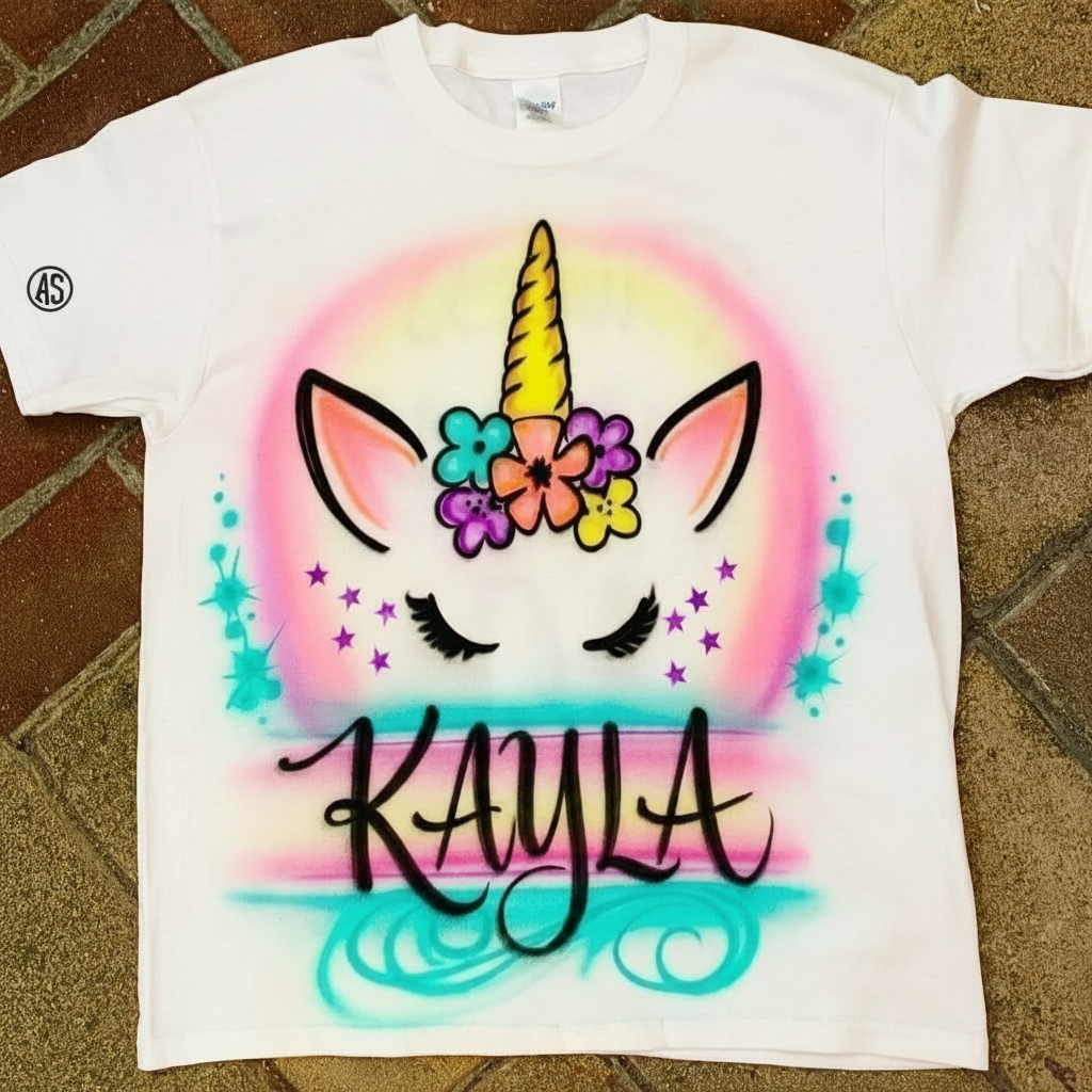 Celebration-Grade Unicorn Birthday Girl Tee — hand airbrushed custom design