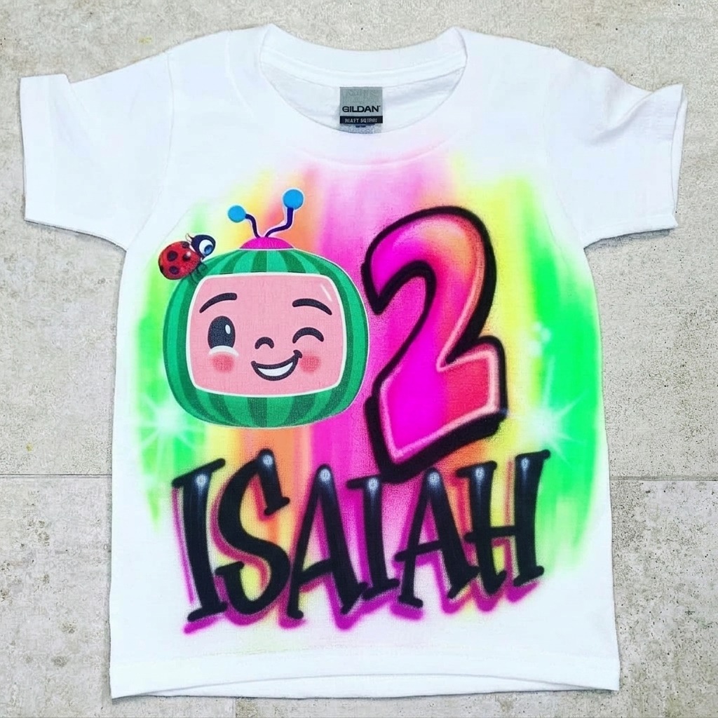 Signature Melon Kids Birthday Tee — hand airbrushed custom design