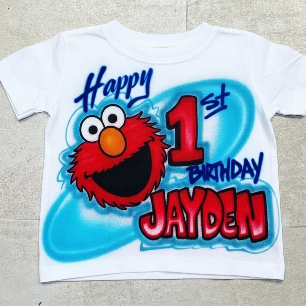 Signature Red Monster Birthday Tee — custom airbrush spray paint design on shirts, hats, shoes and outfits