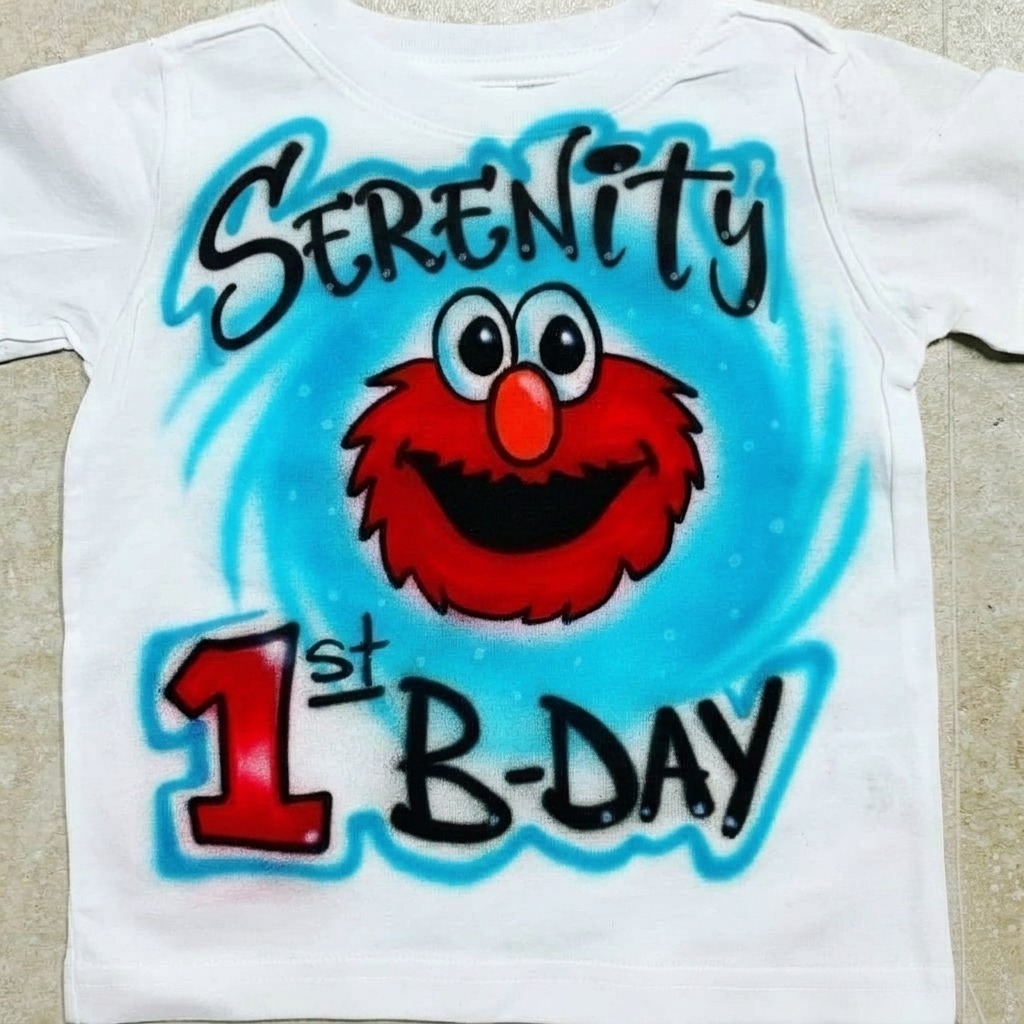 Hand-Scripted Red Monster Cartoon B-Day Tee — custom airbrush spray paint design on shirts, hats, shoes and outfits