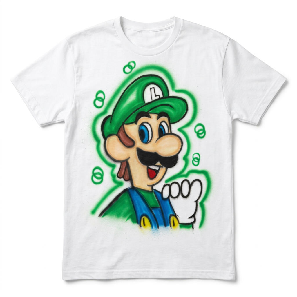 Studio Green Cap Sidekick Cartoon Tee — custom airbrush spray paint design on shirts, hats, shoes and outfits
