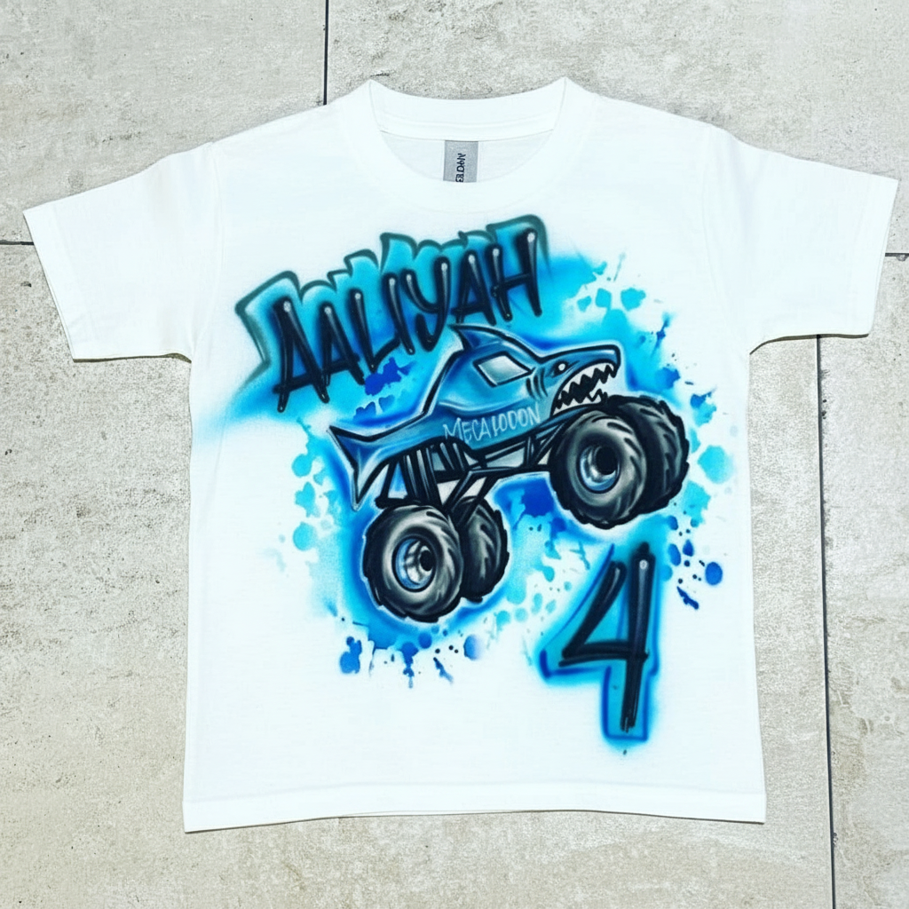 Studio Mega Shark Truck Monster Truck Tee — custom airbrush spray paint design on shirts, hats, shoes and outfits