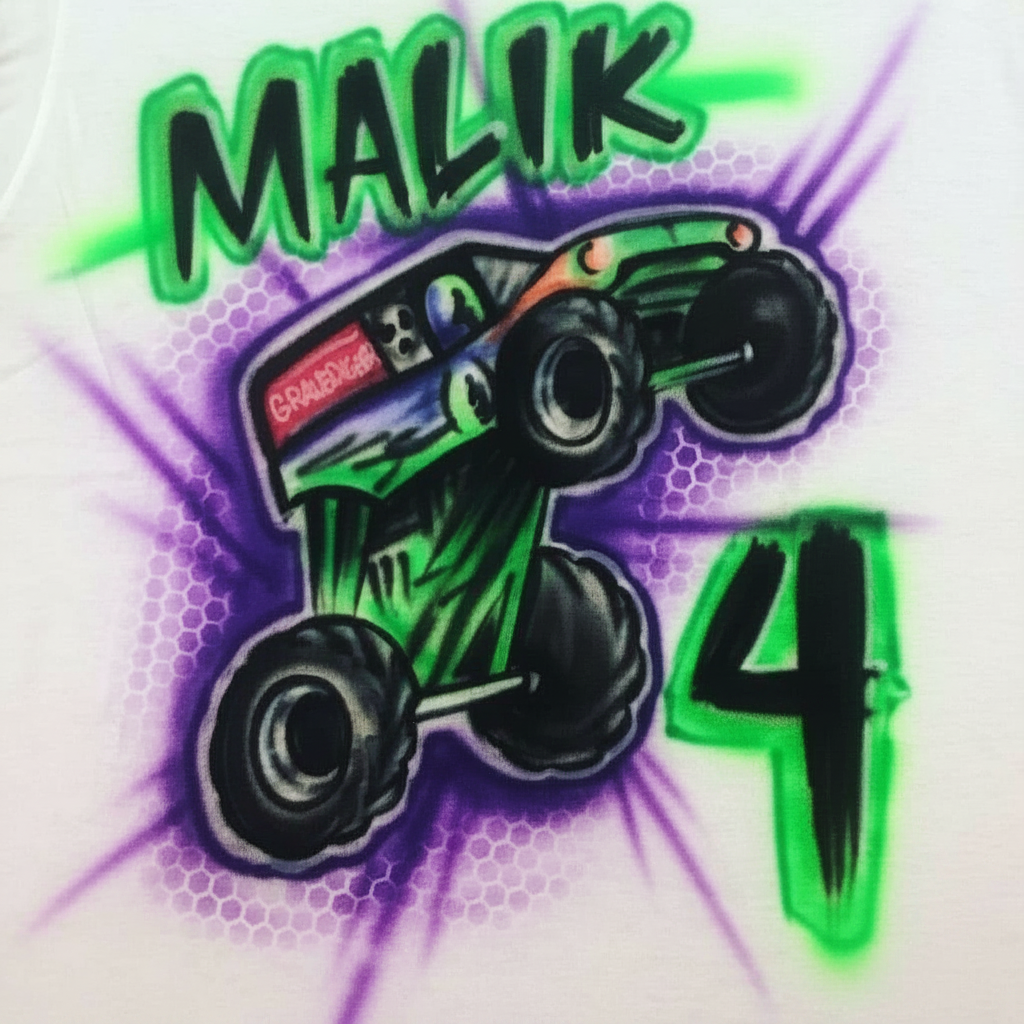 Custom Monster Truck Scratch Tee — custom airbrush spray paint design on shirts, hats, shoes and outfits