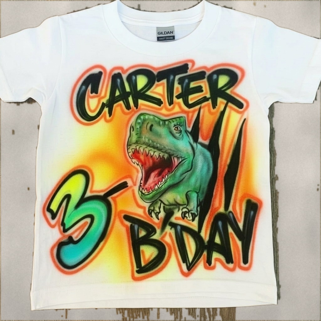 Hand-Illustrated T-Rex Bday Tee — custom airbrush spray paint design on shirts, hats, shoes and outfits