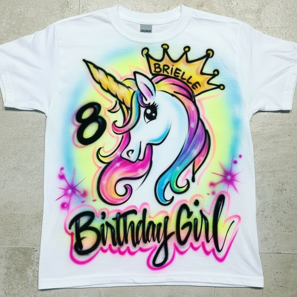 Studio Unicorn Birthday Tee — hand airbrushed custom design