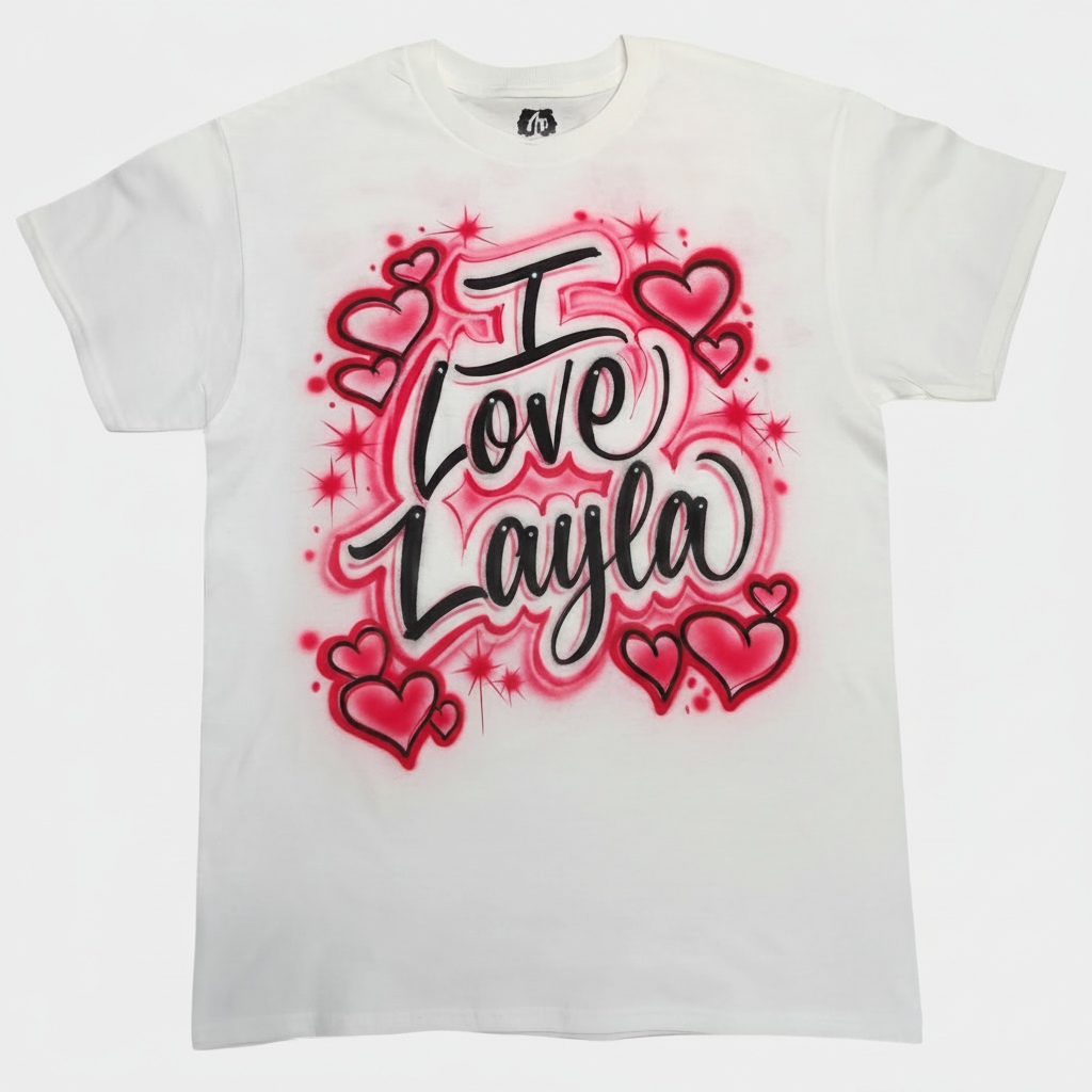 Master-Sprayed I Love Couple Tee — custom airbrush spray paint design on shirts, hats, shoes and outfits