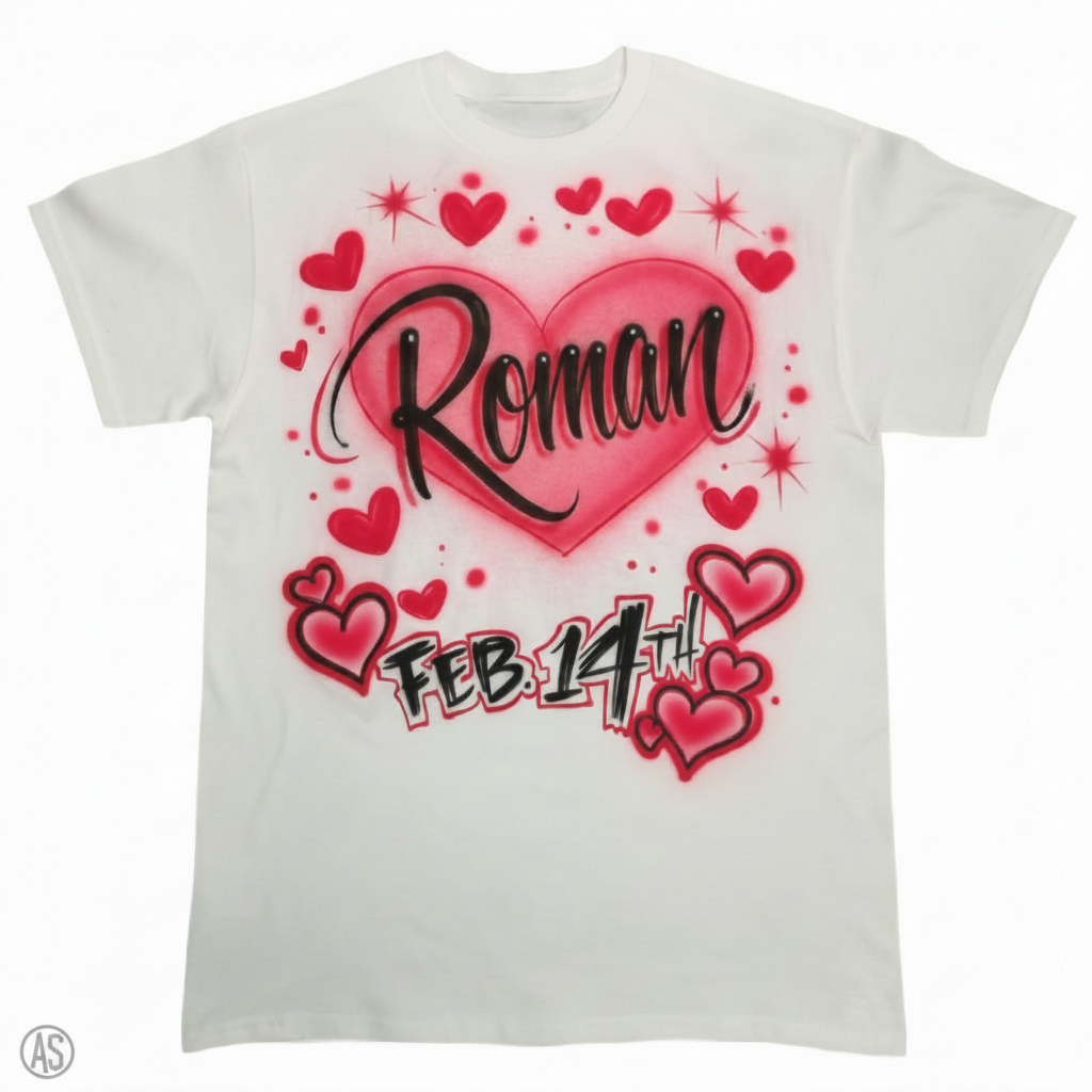 Hand-Scripted Valentine's Couple Tee — custom airbrush spray paint design on shirts, hats, shoes and outfits