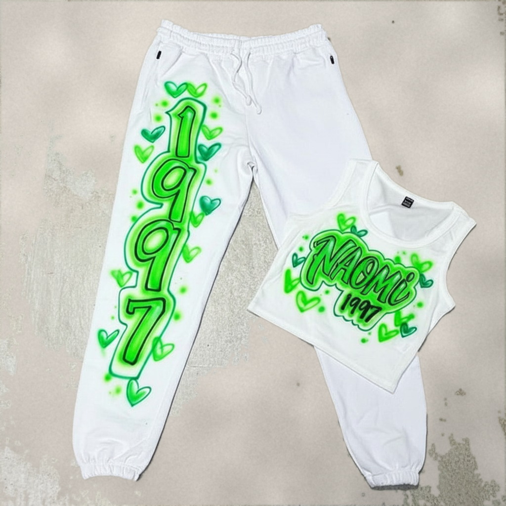 Artisan 1997 Green Hearts Crop Top And Couple Tee — custom airbrush spray paint design on shirts, hats, shoes and outfits