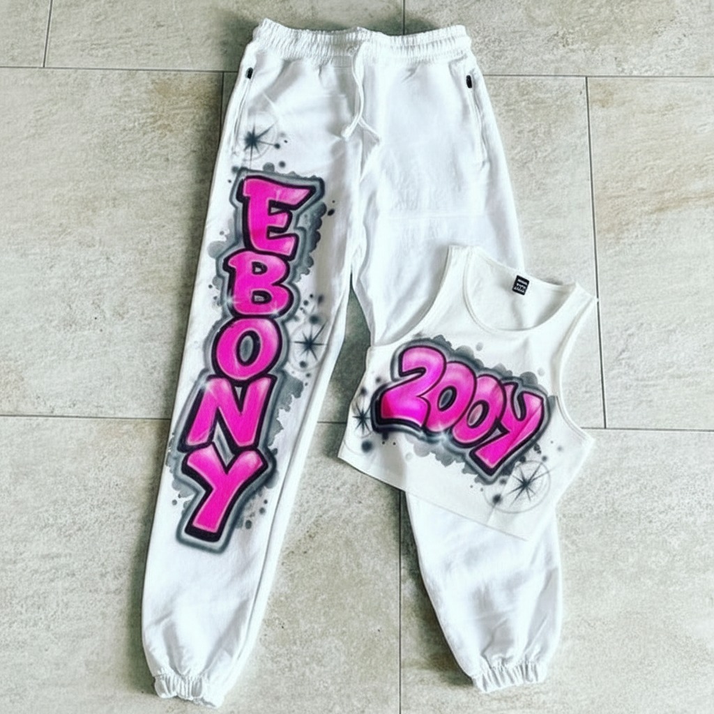 Boutique 2000s Crop Top And Joggers — custom airbrush spray paint design on shirts, hats, shoes and outfits