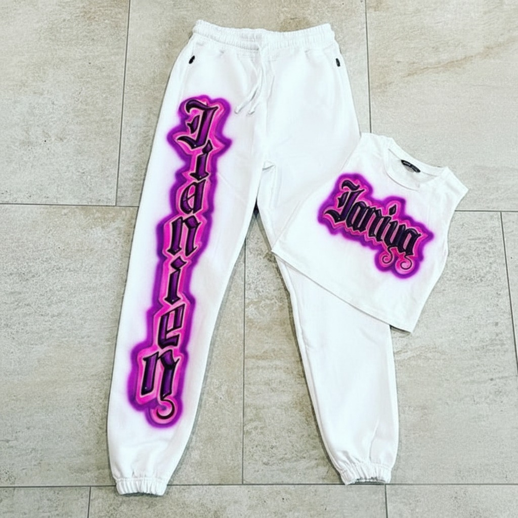 Studio Crop Top And Jogger Set With Name Couple Tee — custom airbrush spray paint design on shirts, hats, shoes and outfits