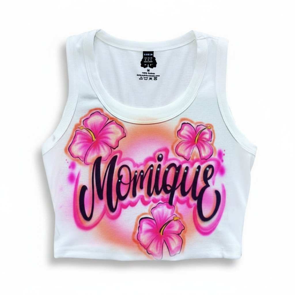 Hand-Scripted Hawaiian Flowers Crop Top — custom airbrush spray paint design on shirts, hats, shoes and outfits