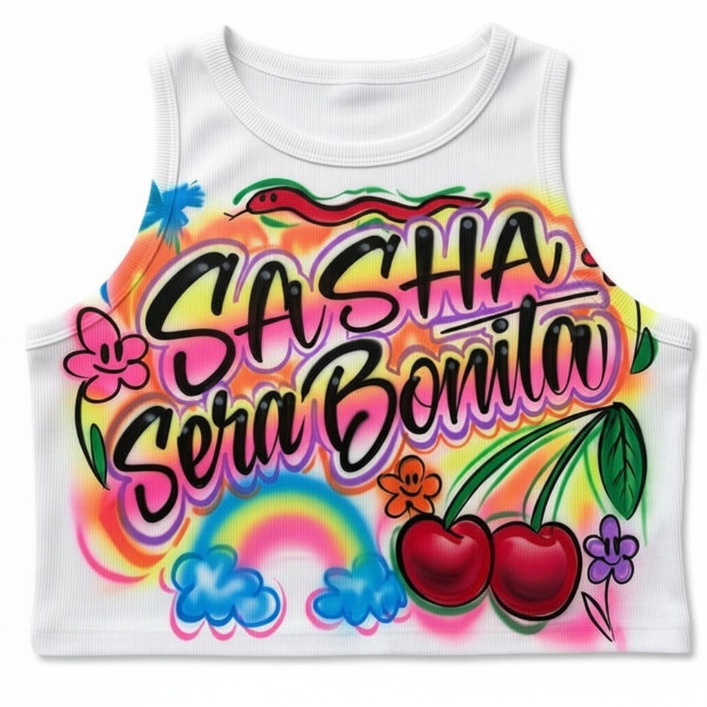 Signature Mañana Sera Bonita Crop Top — custom airbrush spray paint design on shirts, hats, shoes and outfits