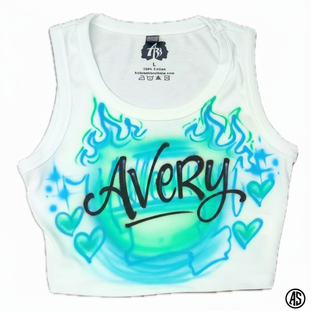 Hand-Scripted Millennium Concert Crop Top — custom airbrush spray paint design on shirts, hats, shoes and outfits