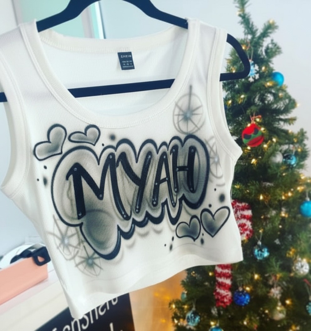 Master-Sprayed Name & Hearts Crop Top — custom airbrush spray paint design on shirts, hats, shoes and outfits