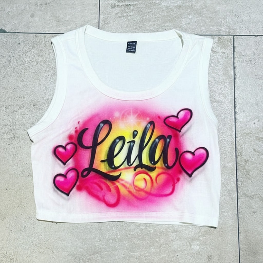 Studio Name w/ Swirls Crop Top — custom airbrush spray paint design on shirts, hats, shoes and outfits