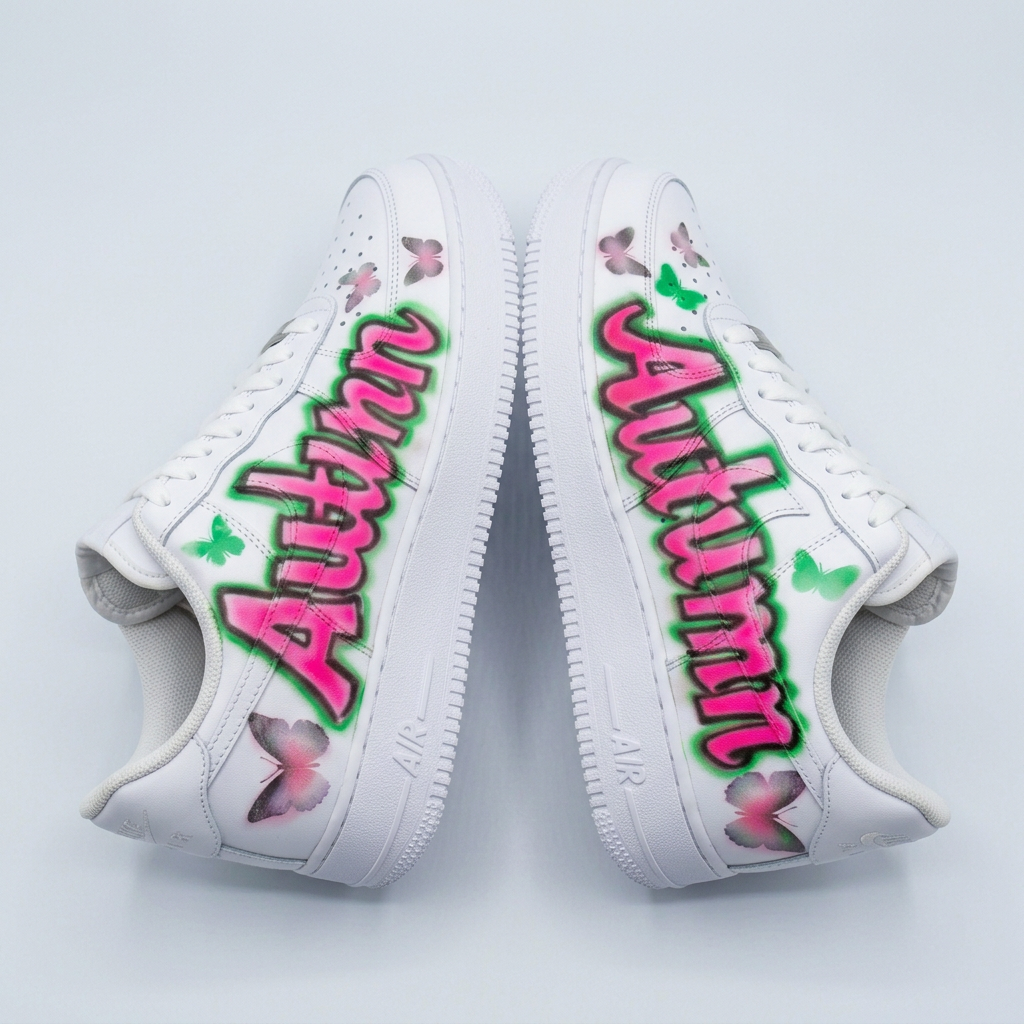 Studio Birthday Butterfly Name Custom Kicks — custom airbrush painted sneakers, sold as a matching pair