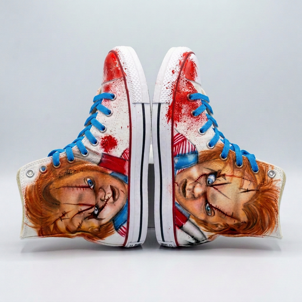 Master-Sprayed Halloween Horror Doll High Tops Custom Kicks — custom airbrush painted sneakers, sold as a matching pair