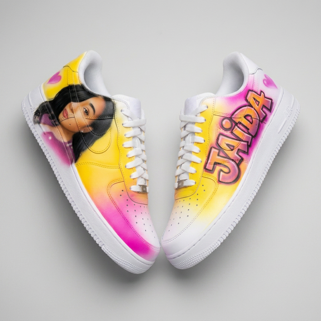 Hand-Painted Photo Portrait & Name Custom Kicks — custom airbrush painted sneakers, sold as a matching pair