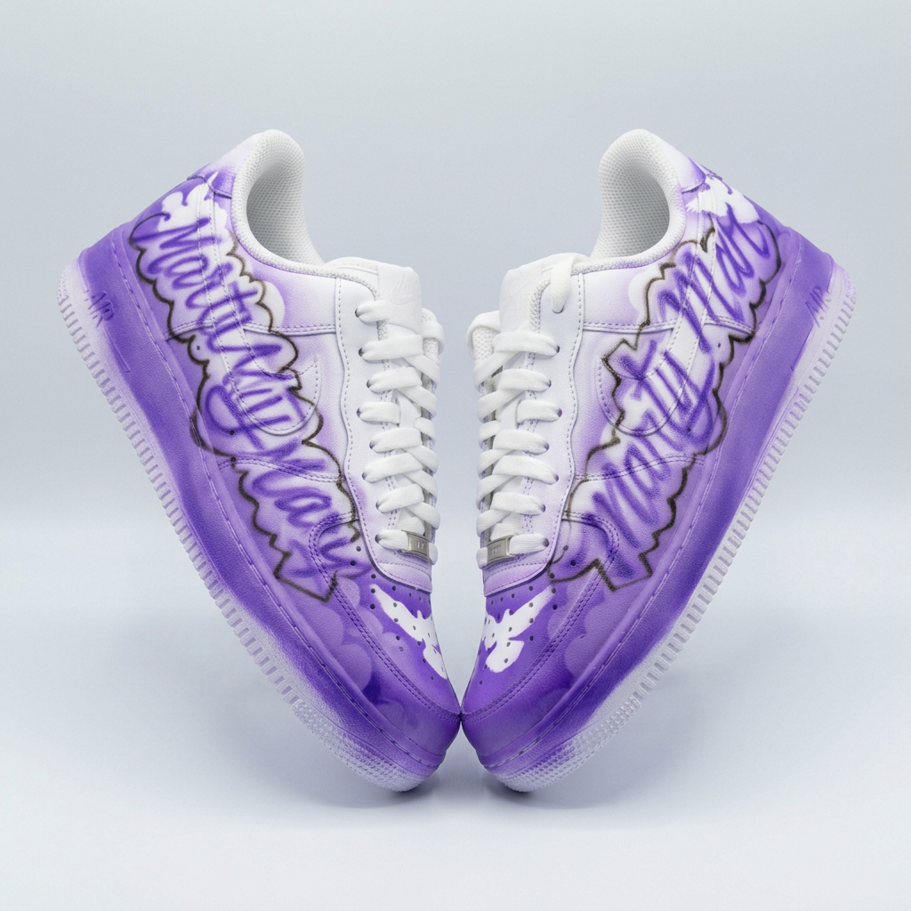 Premium Purple Bubble Letter Name Custom Kicks — custom airbrush painted sneakers, sold as a matching pair